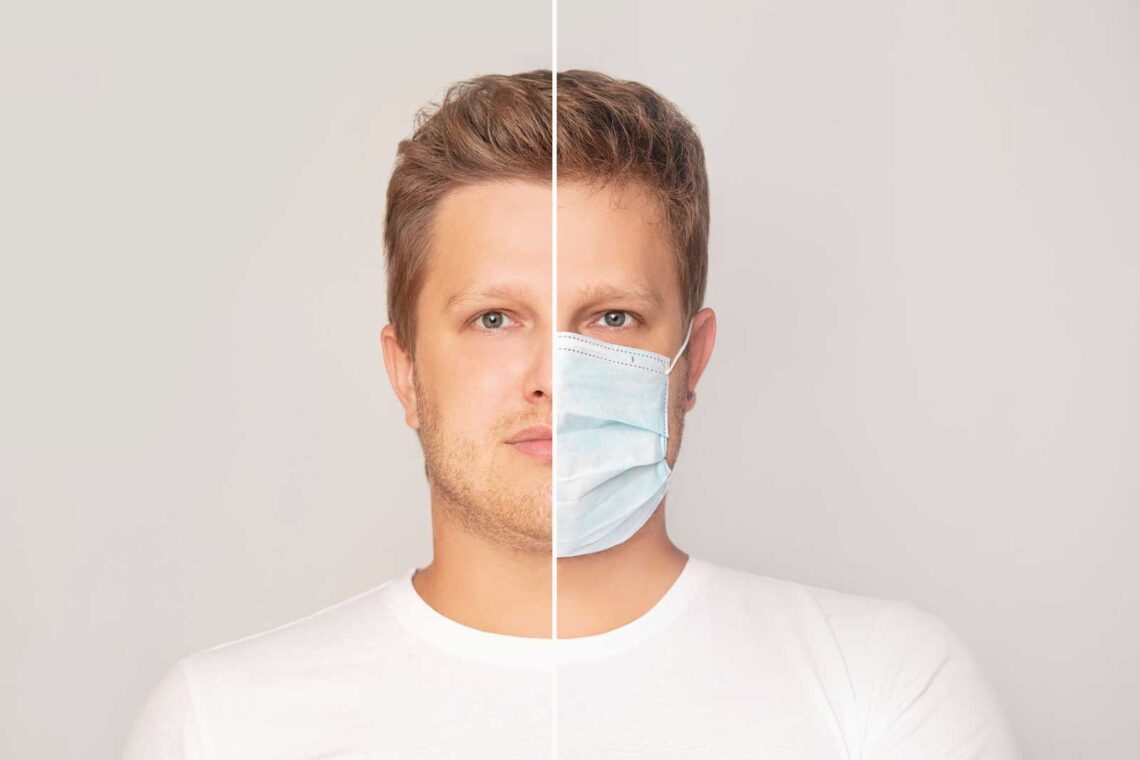 photo of man's face with and without a medical mask