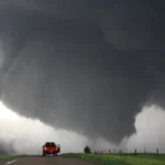 Photo of tornado next to road with red truck