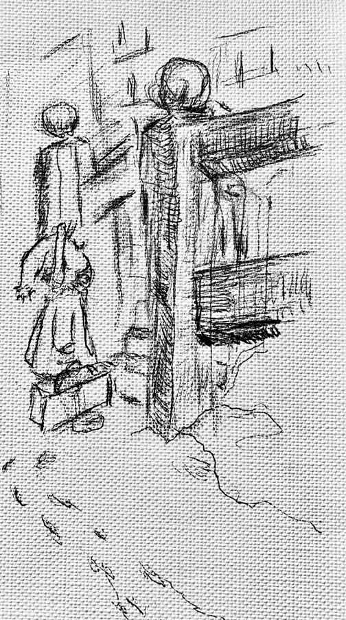 Image of a pencil sketch of child looking up porch steps