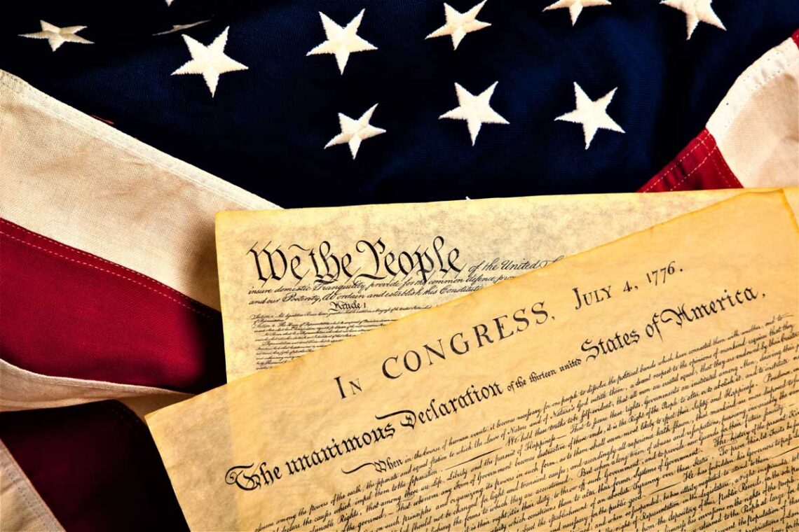 image of the American flag overlaid with images of the Declaration of Independence